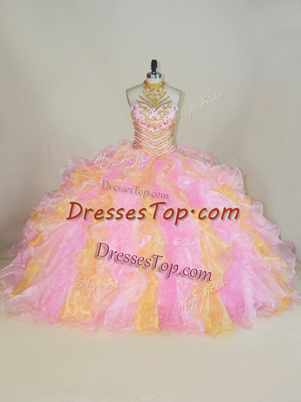  Multi-color Organza Lace Up Sweet 16 Quinceanera Dress Sleeveless Floor Length Beading and Ruffles