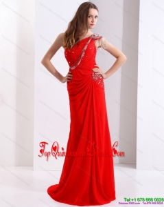 Fashionable 2015 One Shoulder Red Damas Dress with Beadings and Brush Train