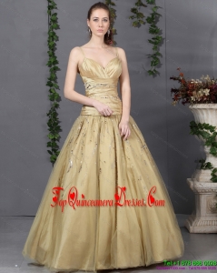 Fashionable 2015 Spaghetti Straps Champagne Dama Dress with Ruching and Beading
