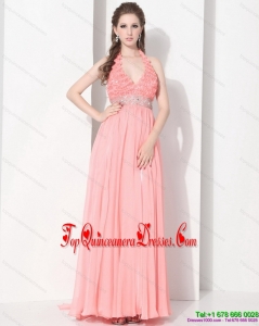 2015 Fashionable Halter Top Dama Dress with Beading and Ruching