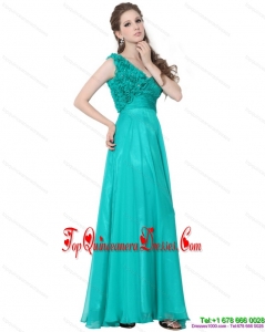 2015 Turquoise One Shoulder Prom Dresses with Ruching and Hand Made Flowers