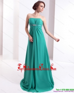 Affordable 2015 Strapless Brush Train Dama Dress with Beading and Ruching