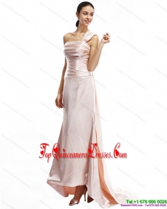 Champagne One Shoulder Ruching Prom Dresses with Brush Train for 2015