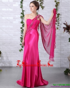 Elegant 2015 One Shoulder Fuchsia Dama Dress with Beading and Ruching