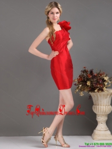 Inexpensive One Shoulder Mini Length Red Prom Dress with Ruching for 2015