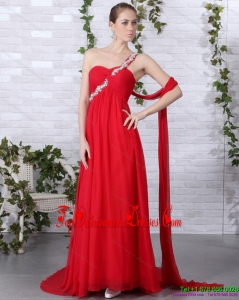 Popular 2015 One Shoulder Red Dama Dress with Beadings and Brush Train
