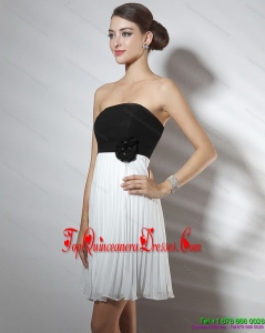 Strapless Ruching and Hand Made Flower Prom Dresses in White and Black for 2015