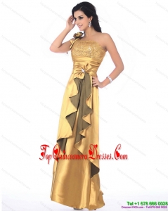 Gorgeous One Shoulder Gold Gorgeous Dama Dress with Hand Made Flowers and Ruching