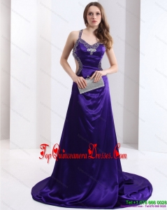 Luxurious 2015 Halter Top Purple Criss Cross Gorgeous Dama Dresses with Court Train