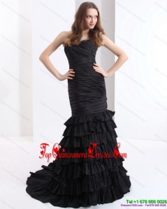 Brush Train Pleated Black Gorgeous DamaDresses with One Shoulder and Ruffled Layers