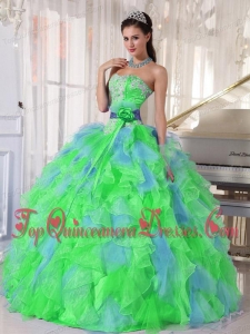 Multi-color Sweetheart Appliques Quinceanera Dress with Green Flower