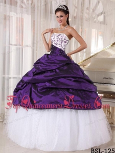 Beautiful Ball Gown Strapless White and Purple Embroidery Quinceanera Dress