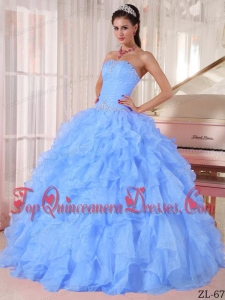 Blue Ball Gown Strapless Floor-length Organza Beading Quinceanera Dress