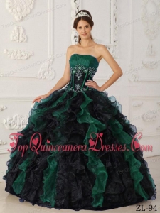 Green and Black Ball Gown Strapless Floor-length Taffeta and Organza Beading Quinceanera Dress