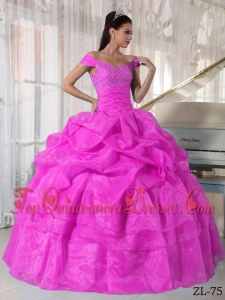 Hot Pink Ball Gown Off The Shoulder Floor-length Taffeta and Organza Beading Quinceanera Dress