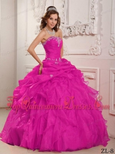 Hot Pink Ball Gown Strapless Floor-length Organza Beading And Ruffles Quinceanera Dres