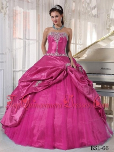 Hot Pink Ball Gown Strapless Floor-length Taffeta and Tulle Appliques Quinceanera Dress