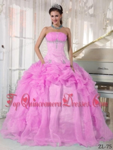 Pink Ball Gown Strapless Floor-length Organza Beading Quinceanera Dress