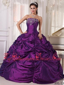 Purple Ball Gown Strapless Floor-length Taffeta Embroidery Quinceanera Dress