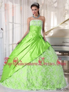 Spring Green Ball Gown Strapless Floor-length Taffeta Lace Quinceanera Dress