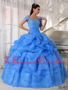 Blue Ball Gown Off The Shoulder Floor-length Taffeta and Organza Beading Quinceanera Dress