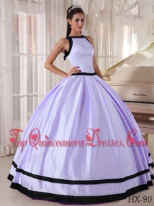 Lavender and Black Ball Gown Bateau Floor-length Satin Quinceanera Dress