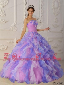 Multi-Color Ball Gown Strapless Floor-length Organza Hand Flowers and Ruffles Quinceanera Dress