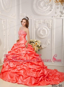 Orange Red Ball Gown Strapless Court Train Taffeta Appliques and Beading Quinceanera Dress