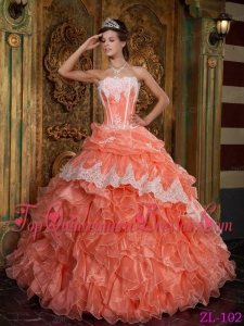 Orange Red Ball Gown Strapless Floor-length Ruffles Organza Quinceanera Dress