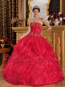 Red Ball Gown Strapless Floor-length Appliques Organza Quinceanera Dress