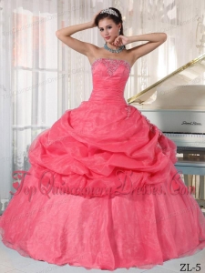 Watermelon Ball Gown Strapless Floor-length Organza Appliques Quinceanera Dress