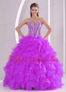 2013 Winter Sweetheart Ruffles and Beading Long Quinceanera Gowns in Fuchsia