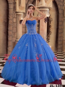 Blue Ball Gown Floor-length Organza Beading Quinceanera Dress