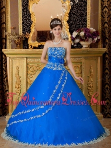 Blue Ball Gown Strapless Floor-length Tulle Lace Appliques Quinceanera Dress