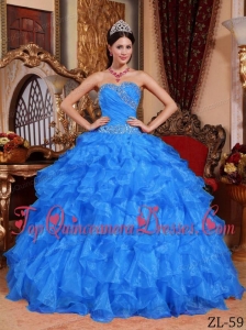 Blue Ball Gown Sweetheart Floor-length Organza Beading Quinceanera Dress