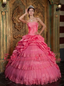 Coral Red Ball Gown Sweetheart Floor-length Taffeta and Tulle Lace Appliques Quinceanera Dress