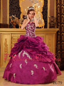 Dark Purple Ball Gown Strapless Floor-length Organza Appliques Quinceanera Dress