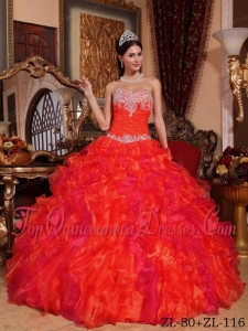 Hot Pink Ball Gown Sweetheart Floor-length Organza Appliques and Beading Quinceanera Dress