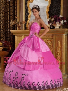 Hot Pink Ball Gown Sweetheart Floor-length Taffeta Appliques Quinceanera Dress