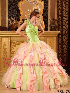 Multi-Color Ball Gown One Shoulder Floor-length Taffeta And Organza Beading And Ruffles Quinceanera Dress