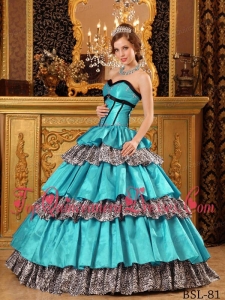 Popular Ball Gown Sweetheart Floor-length Taffeta Ruffles Turquoise Quinceanera Dress