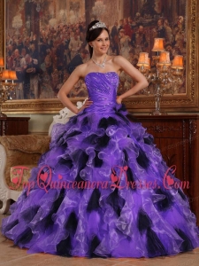 Purple and Black Ball Gown Strapless Floor-length Organza Quinceanera Dress