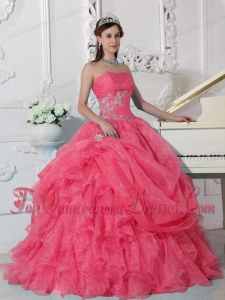 Red Ball Gown Strapless Floor-length Organza Beading Quinceanera Dress