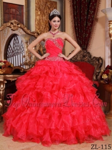 Red Ball Gown Sweetheart Floor-length Organza Beading Quinceanera Dress