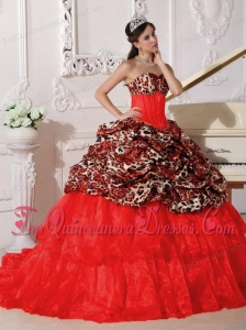 Red Ball Gown Sweetheart Sweep / Brush Train Leopard and Organza Appliques Quinceanera Dress