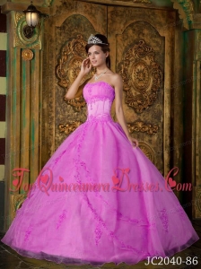 Rose Pink Ball Gown Strapless Floor-length Appliques Organza Quinceanera Dress