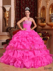 Rose Pink Ball Gown Strapless Floor-length Organza Beading and Appliques Quinceanera Dress