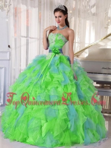 Spring Green and Blue Organza Appliques and Ruffles Quinceanera Dress