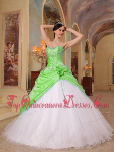 Spring Green and White A-Line / Princess Sweetheart Floor-length Beading Tulle and Taffeta Quinceanera Dress