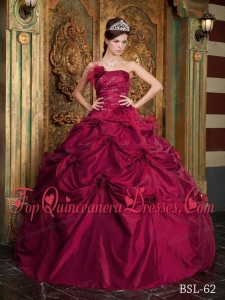 Wine Red Ball Gown Strapless Floor-length Taffeta Hand Made Flowers Quinceanera Dress